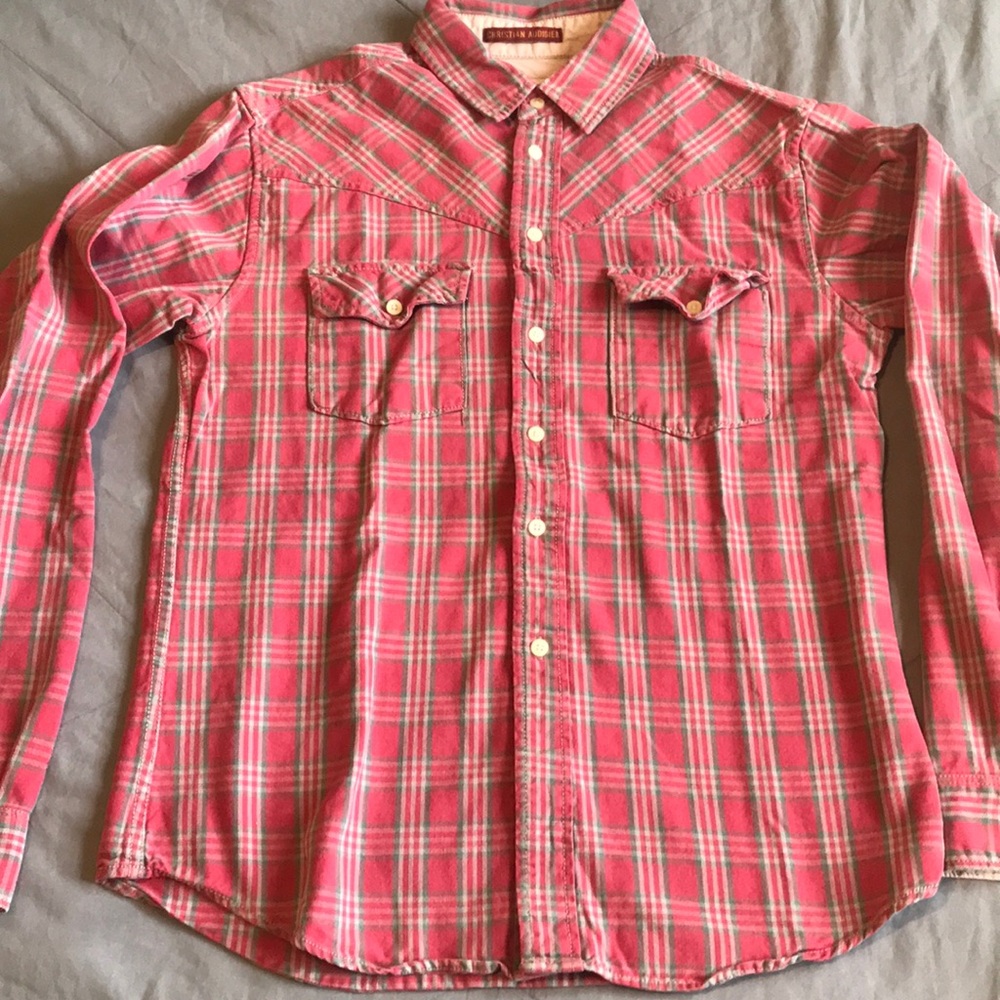 Red white and green Christian audigier button down